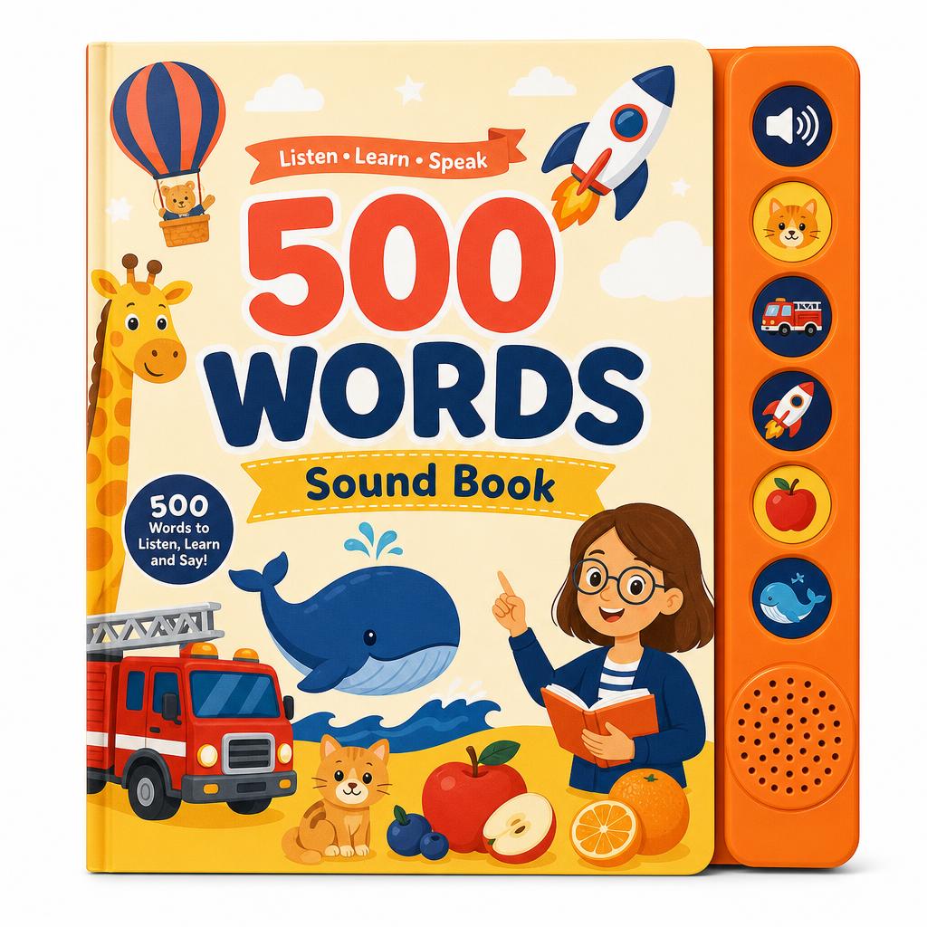 500 Words Sound Book cover with orca, animals and vehicles