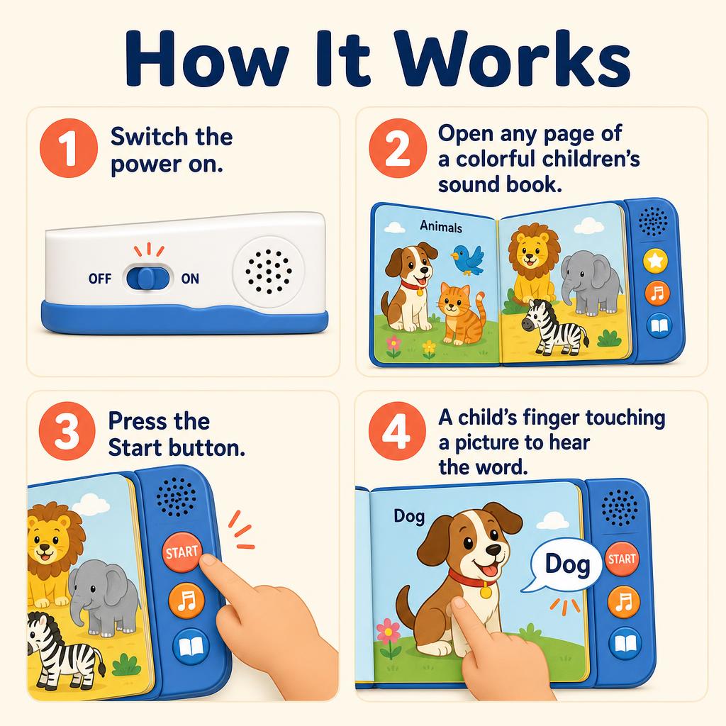 Step by step guide: power on, open a page, press start, touch words