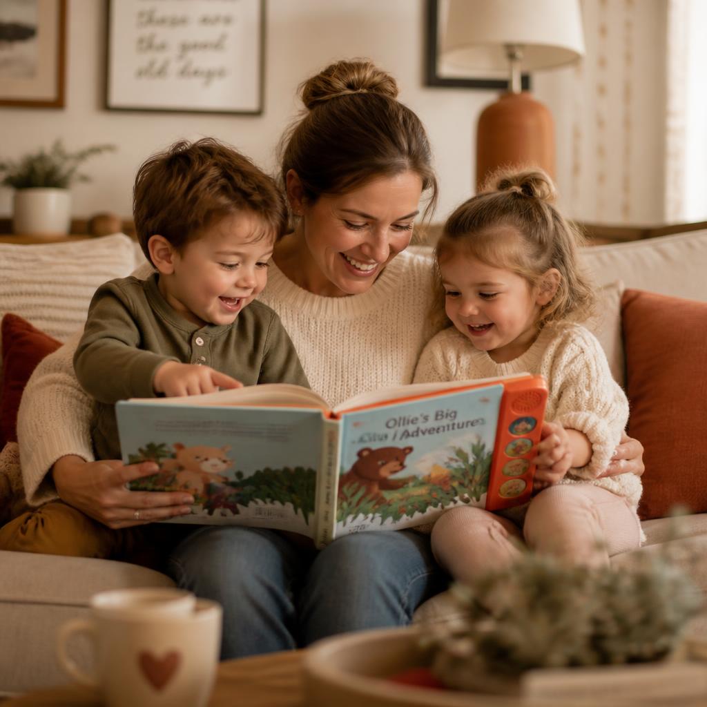 Mother reading with two children